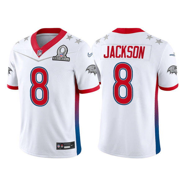 Men's Baltimore Ravens #8 Lamar Jackson 2022 White AFC Pro Bowl Stitched Jersey